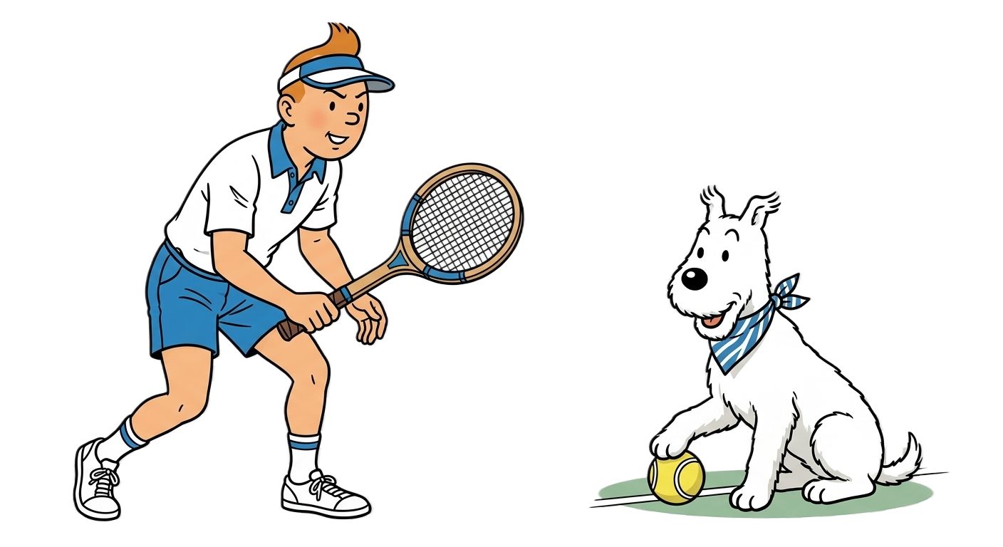 Ilustração de jogador de tênis e cachorro
